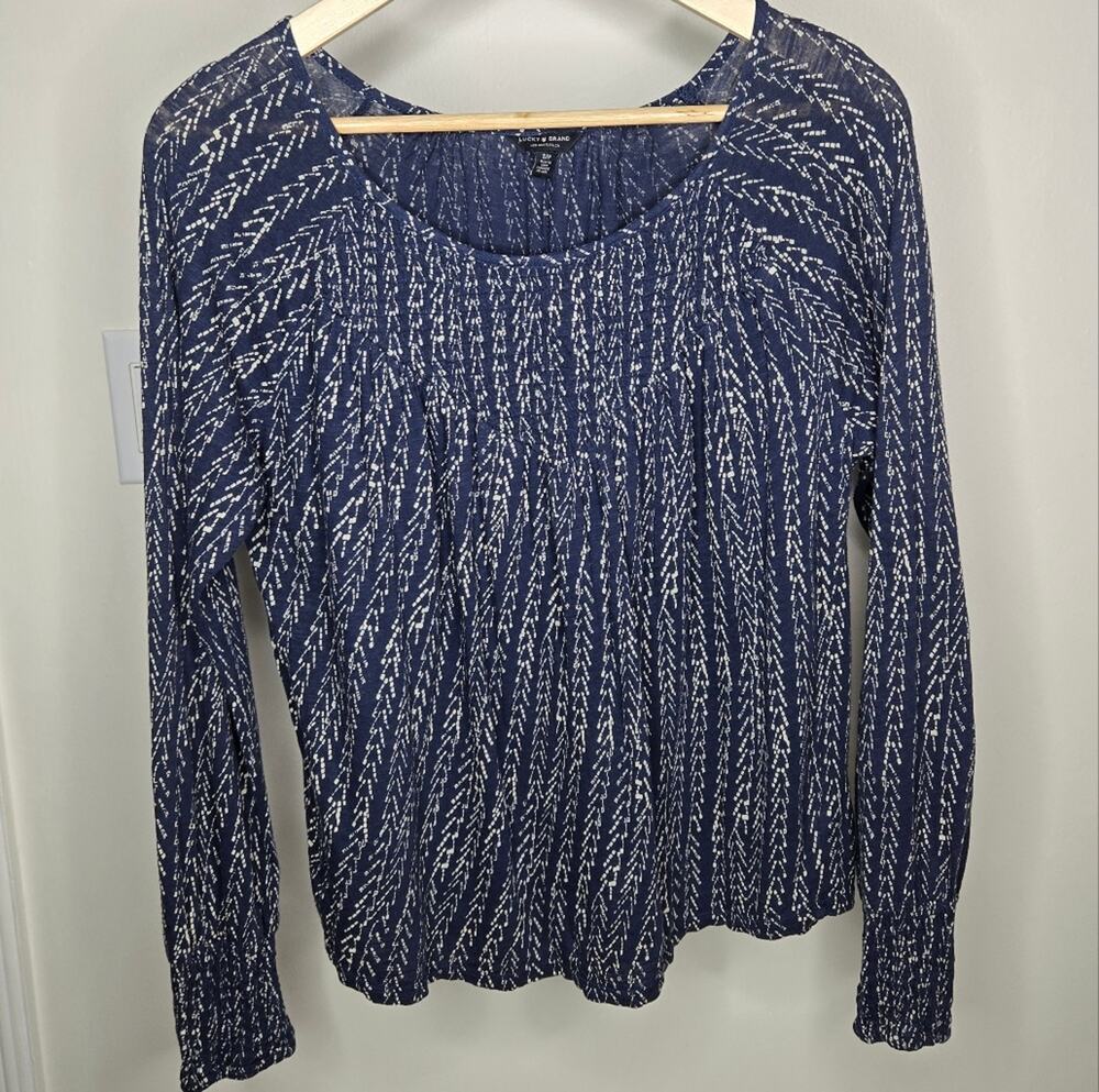 Lucky Brand Blue & White Blouse with Smocking at Neck and Cuffs Size S/P